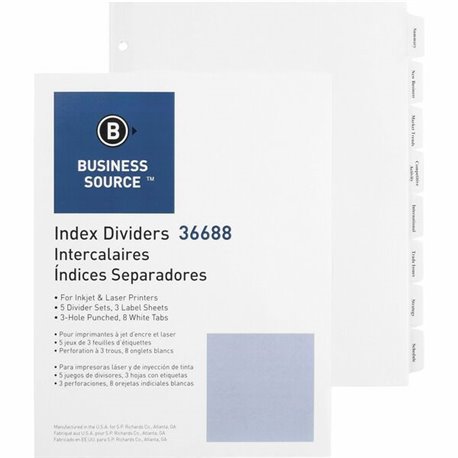 Business Source Punched Tabbed Laser Index Dividers - 8 Blank Tab(s) - 8.5" Divider Width x 11" Divider Length - Letter - 3 Hole