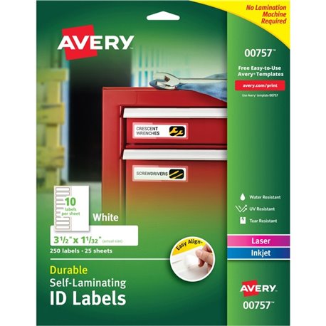 Avery Easy Align ID Label - 1 1/32" Width x 3 1/2" Length - Permanent Adhesive - Rectangle - Laser, Inkjet - White - Film, Lamin