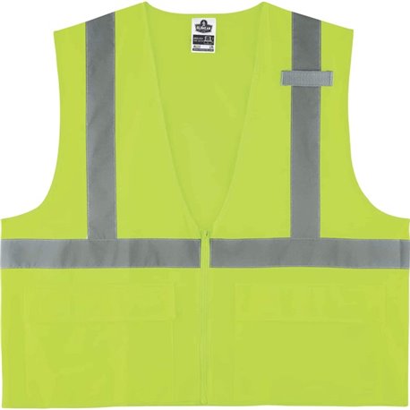 GloWear 8225Z Type R Class 2 Standard Solid Vest - Small/Medium Size - Zipper Closure - Fabric, Polyester - Lime - Pocket, Mic T