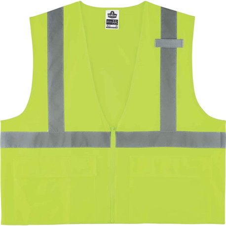 GloWear 8225Z Type R Class 2 Standard Solid Vest - Large/Extra Large Size - Zipper Closure - Fabric, Polyester - Lime - Pocket, 