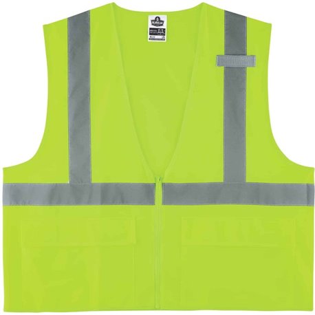 GloWear 8225Z Type R Class 2 Standard Solid Vest - 2-Xtra Large/3-Xtra Large Size - Zipper Closure - Fabric, Polyester - Lime - 