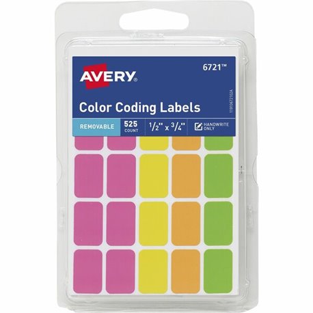 Avery Removable Labels, 1/2" x 3/4" , Neon, 525 Total (6721) - 3/4" Height x 1/2" Width x 3/4" Length - Removable Adhesive - Rec