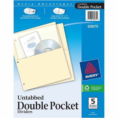 Avery Untabbed Double Pocket Dividers - 11.1" Height x 9.3" Width - 2 x Pockets Capacity - For Letter 8 1/2" x 11" Sheet - Ring 