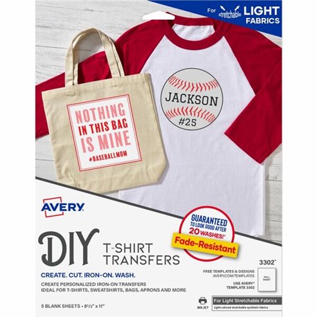 Avery Stretchable T-Shirt Transfers - Letter - 8 1/2" x 11" - Matte - 5 / Pack - Crack Resistant, Fade Resistant, Washable - Cle