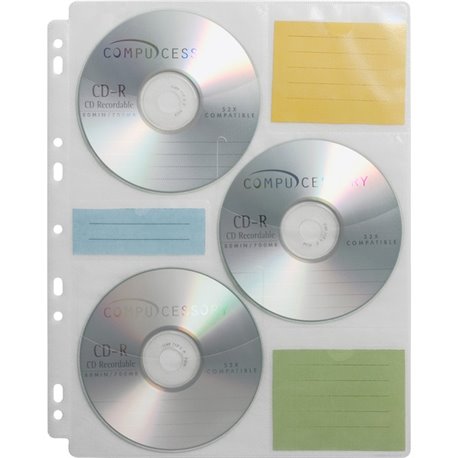 Compucessory CD/DVD Ring Binder Storage Pages - 6 x CD/DVD Capacity - 9 x Holes - Ring Binder - Clear - Polypropylene - 25 / Pac