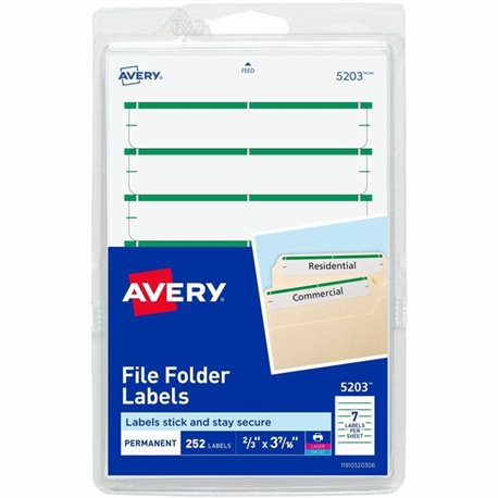 Avery File Folder Labels, White/Green, 2/3" x 3-7/16" , 252 (5203) - 3 7/16" Height x 21/32" Width - Permanent Adhesive - Rectan