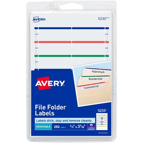 Avery Removable File Folder Labels - 2/3" Width x 3 7/16" Length - Removable Adhesive - Rectangle - Laser, Inkjet - Assorted, Da