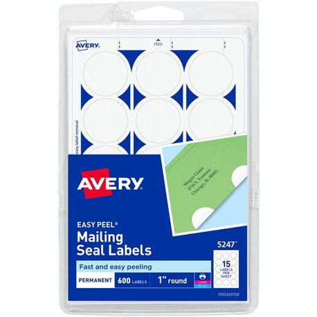 Avery Mailing Seals, Permanent, 1" Diameter, 600 Labels (5247) - Matte - 600 / Pack - Permanent Adhesive, Laminated, Moisture Re