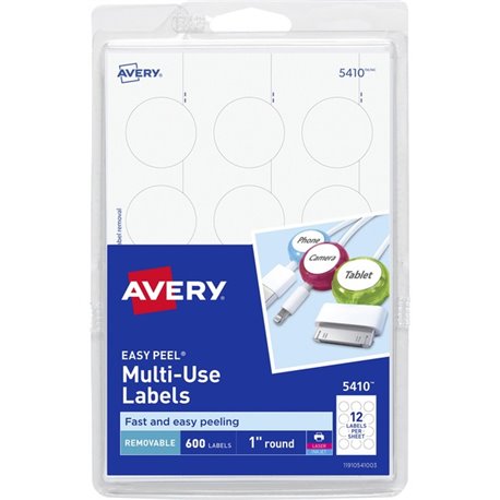 Avery Removable ID Labels - - Height1" Diameter - Removable Adhesive - Circle - Inkjet, Laser - White - 600 / Pack - Self-adhesi