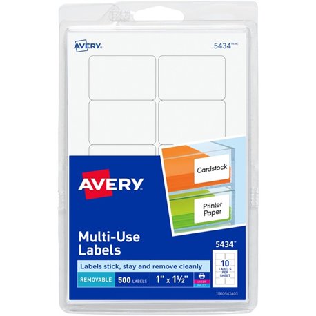 Avery Removable ID Labels - 1 1/2" Width x 1" Length - Removable Adhesive - Rectangle - Laser, Inkjet - White - 500 / Pack - Sel