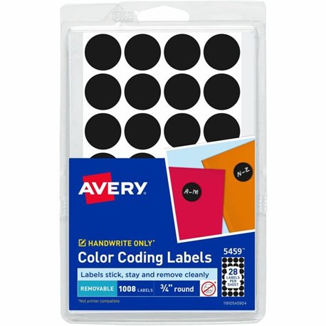 Avery Color-Coding Labels - - Height3/4" Diameter - Removable Adhesive - Round - Laser, Inkjet - Black - Paper - 28 / Sheet - 10