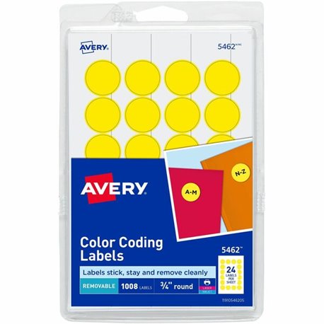 Avery 3/4" Round Removable Color Coding Labels - - Width3/4" Diameter - Removable Adhesive - Round - Laser, Inkjet - Yellow - Pa