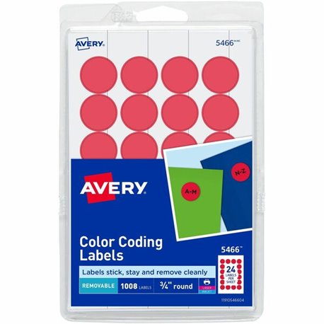 Avery Color-Coding Labels - - Width3/4" Diameter - Removable Adhesive - Round - Laser, Inkjet - Matte - Red - Paper - 24 / Sheet