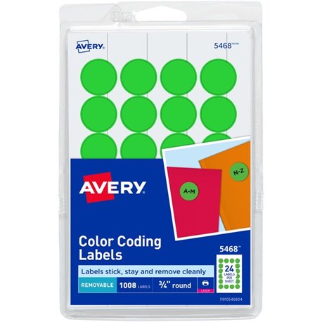 Avery Removable Color-Coding Labels - - Width3/4" Diameter - Removable Adhesive - Round - Laser - Matte - Neon Green - Paper - 2