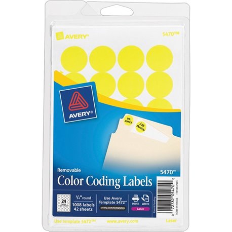 Avery Color-Coding Labels - - Height3/4" Diameter - Removable Adhesive - Round - Laser - Neon Yellow - 24 / Sheet - 1008 / Pack