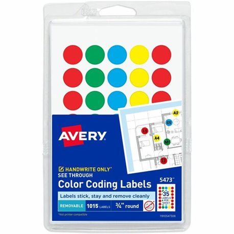 Avery Color Coded Label - - Width3/4" Diameter - Removable Adhesive - Round - Green, Light Blue, Red, Yellow - Film - 35 / Sheet