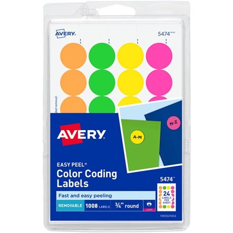 Avery Color Coded Label - - Width3/4" Diameter - Removable Adhesive - Round - Laser - Neon Green, Neon Orange, Neon Red, Neon Ye