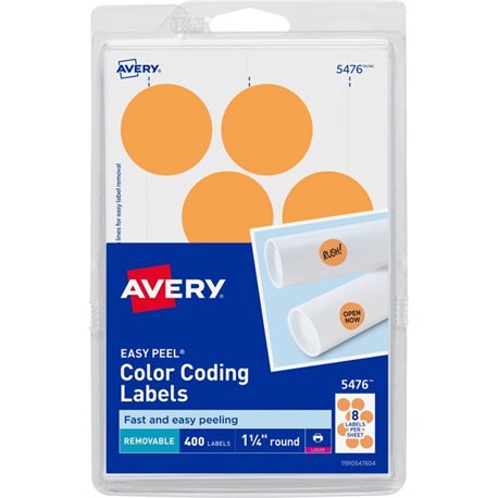 Avery 1-1/4" Color-Coding Labels - - Height1 1/4" Diameter - Removable Adhesive - Round - Laser - Orange - 12 / Sheet - 400 / Pa