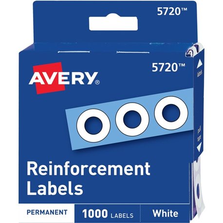 Avery White Self-Adhesive Reinforcement Labels - 0.3" Diameter - 3 x Holes - Round - White - Polyvinyl - 1000 / Pack