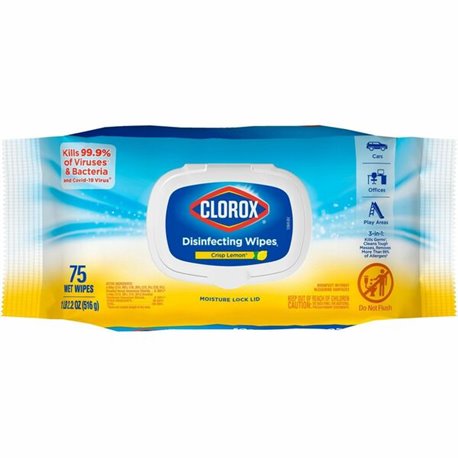 Clorox Disinfecting Cleaning Wipes - Crisp Lemon Scent - 75 / Flex Pack - 600 / Pallet - Bleach-free, Antibacterial - White