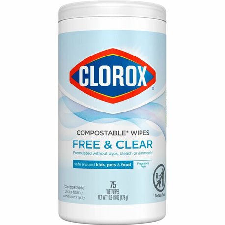 Clorox Free & Clear Compostable All Purpose Cleaning Wipes - 4.25" Length x 4.25" Width - 75 / Tub - 6 / Carton - Fragrance-free