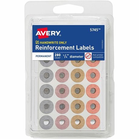 Avery Reinforcement Stickers, 1/4" , Metallic, 280 Total (5745) - 0.3" Diameter - Round - Assorted Metallic - Paper - 280 / Pack