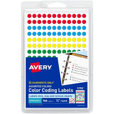 Avery Dot Stickers, 1/4" Diameter, Assorted, 760 Total (5795) - - Width1/4" Diameter - Removable Adhesive - Round - Matte - Gree