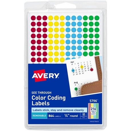 Avery Assorted Removable See-Through Color Dots - - Width1/4" Diameter - Removable Adhesive - Round - Green, Light Blue, Red, Ye