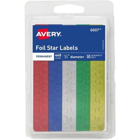 Avery Assorted Foil Star Labels - Learning Theme/Subject - Star Shape - Permanent Adhesive - 0.50" Height - Red, Blue, Silver, G