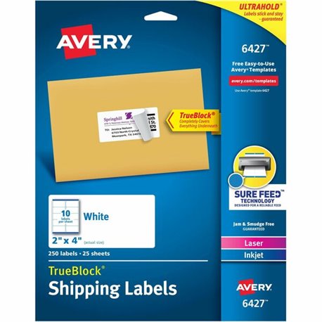 Avery Shipping Labels, Sure Feed, 2" x 4" , 250 Labels (6427) - 4" Height x 2" Width - Permanent Adhesive - Rectangle - Laser, I