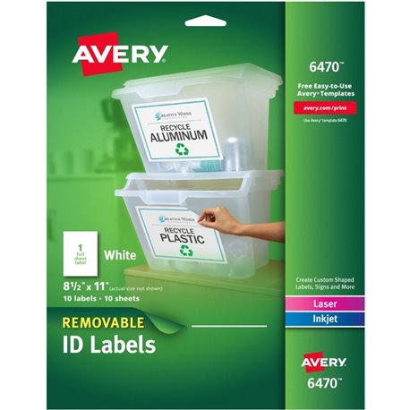 Avery Removable I.D. Laser/Inkjet Labels - 8 1/2" Width x 11" Length - Removable Adhesive - Rectangle - Laser, Inkjet - White - 