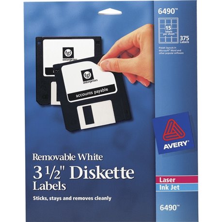 Avery Floppy Disk Label - Removable Adhesive - Square - Laser, Inkjet - Matte White - Paper - 1875 Total Label(s) - 5 / Carton