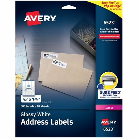 Avery Address Labels, Glossy White, 2/3" x 1-3/4" , 600 Total (6523) - 2/3" Height x 1 3/4" Width - Permanent Adhesive - Rectang