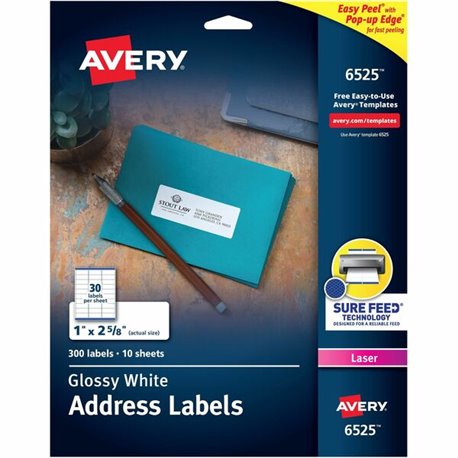 Avery Easy Peel Glossy Address Labels - 1" Width x 2 5/8" Length - Permanent Adhesive - Rectangle - Laser - White - Paper - 30 /