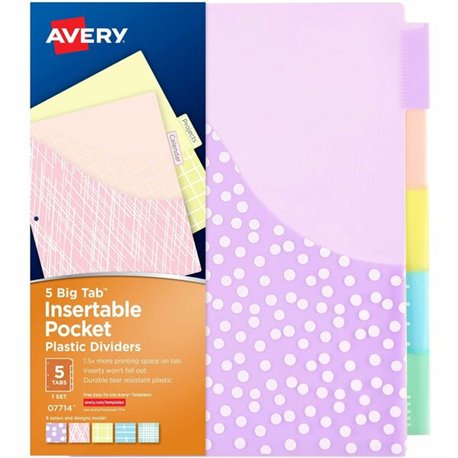 Avery Big Tab Plastic Dividers with Pockets, 5-Tab (07714 - 5 x Divider(s) - 5 - 5 Tab(s)/Set - 9.3" Divider Width x 11.25" Divi