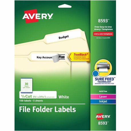 Avery TrueBlock File Folder Labels - 2/3" Width x 3 7/16" Length - Permanent Adhesive - Rectangle - Laser, Inkjet - White - Pape