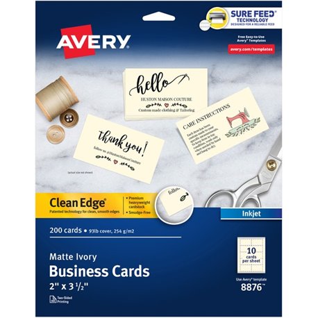 Avery Clean Edge Business Cards, 2" x 3.5" , Ivory, 200 (08876) - 90 Brightness - 2" x 3 1/2" - 93 lb Basis Weight - 254 g/m&178