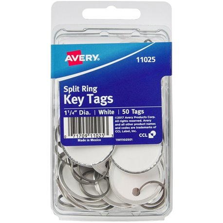 Avery 1-1/4" Metal Rim Key Tags, Split Ring, White, 50 Tags (11025) - Round - 50 - Metal, Card Stock - White