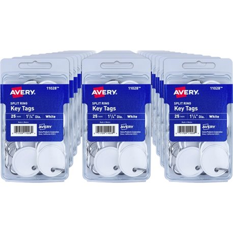 Avery 1-1/4" Metal Rim Key Tags, Split Ring, White, 25 Tags (11028) - 1.25" Diameter - Round - Metal Ring Fastener - 25 - Metal,