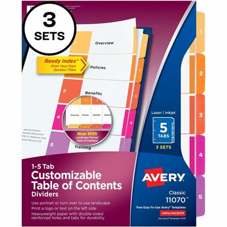 Avery Ready Index 5-tab Dividers - 15 x Divider(s) - 1-5 - 5 Tab(s)/Set - 8.5" Divider Width x 11" Divider Length - 3 Hole Punch