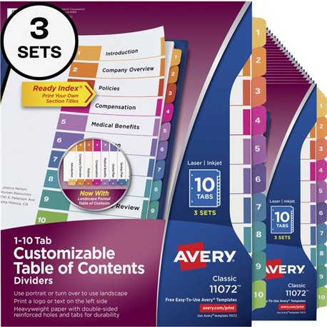 Avery Ready Index Custom TOC Binder Dividers - 30 x Divider(s) - 1-10 - 10 Tab(s)/Set - 8.5" Divider Width x 11" Divider Length 