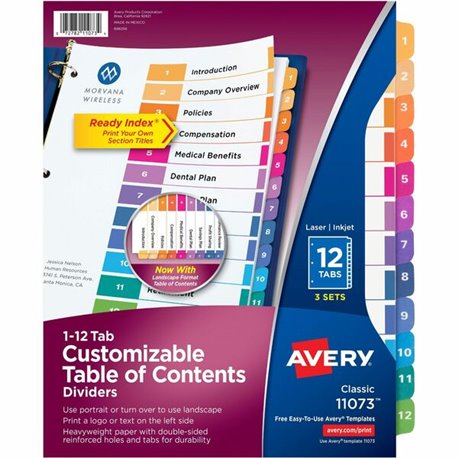 Avery Ready Index Custom TOC Binder Dividers - 36 x Divider(s) - 1-12 - 12 Tab(s)/Set - 8.5" Divider Width x 11" Divider Length 