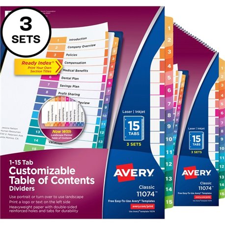 Avery Ready Index Custom TOC Binder Dividers - 45 x Divider(s) - 1-15 - 15 Tab(s)/Set - 8.5" Divider Width x 11" Divider Length 