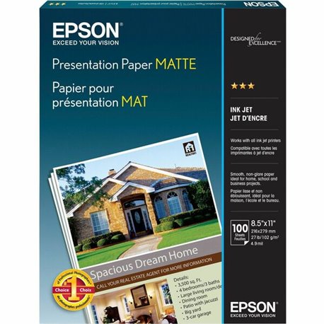 Epson Matte Inkjet Presentation Paper - White - 90 Brightness - 90% Opacity - Letter - 8 1/2" x 11" - 27 lb Basis Weight - Matte