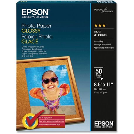 Epson Glossy Finish Photo Paper - 92 Brightness - 96% Opacity - Letter - 8 1/2" x 11" - 52 lb Basis Weight - Glossy - 50 / Pack 