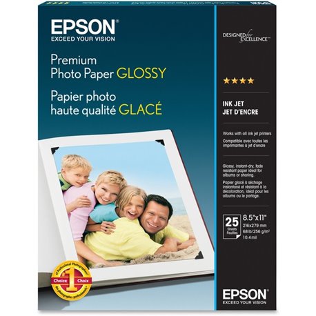 Epson Premium Glossy Photo Paper - Letter - 8 1/2" x 11" - Glossy - 25 / Pack - Bright White