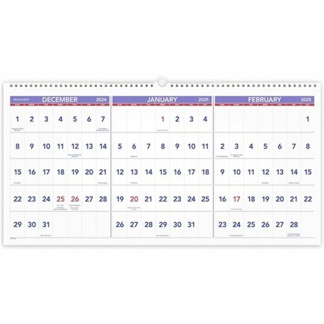 At-A-Glance 3-Month Horizontal Wall Calendar - Large Size - Monthly - 15 Month - December 2024 - February 2026 - 3 Month Single 