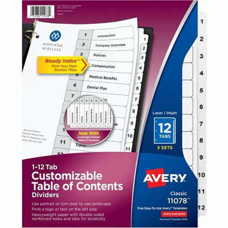 Avery Ready Index Classic Tab Binder Dividers - 288 x Divider(s) - 288 Tab(s) - 1-12 - 12 Tab(s)/Set - 8.5" Divider Width x 11" 