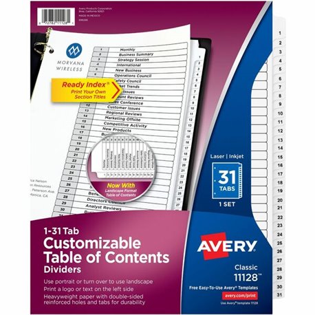 Avery Ready Index Binder Dividers - Customizable Table of Contents - 31 x Divider(s) - Printed Tab(s) - Digit - 1-31 - 31 Tab(s)