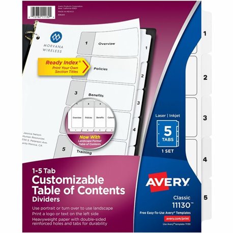 Avery Ready Index Table of Contents Dividersfor Laser and Inkjet Printers - 5 x Divider(s) - 1-5 - 5 Tab(s)/Set - 8.5" Divider W